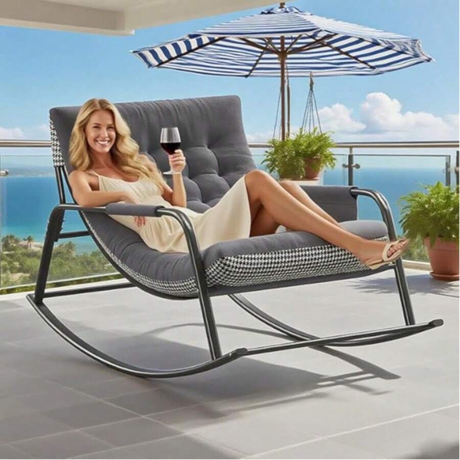 Lcchabls Oversized Double Rocking Chair With Armrests & Reversible Cushion, Indoor Outdoor Papasan Patio Rocker For Living Room, Bedroom, Porch, Or Garden, Modern Rocking Chair, Supports 500 Lbs- Grey - 灰色 - 查看 1