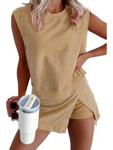 Women's New Solid Color Fashionable Casual Pure Short Sleeved T-Shirt Three Piece Pants Two-Piece Set 2pcs - Sky Blue - 查看 4