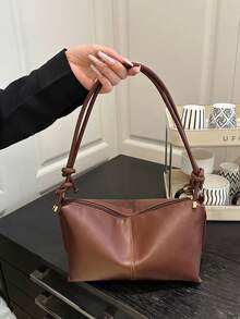 2025 New Arrival Large Capacity Crease-Resistant Striped Fresh Casual Commute Solid Color Shoulder Tote Bag - Brown - View 2