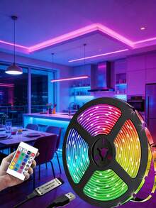 1 Roll 5V RGB Multi-Color Temperature LED Light Strip, Suitable For Bedroom, Kitchen, Living Room, Bathroom, Party, Wardrobe, Length: 1m/3.28ft, 3 Meters/9.84ft, 5m/16.4ft, 10m/32.8ft, 15m/49.21ft, Smart LED Strip Light With Remote Control, RGB Color Changing Function, Ideal For Room Decor, Party, Kitchen - Colored Light - View 2