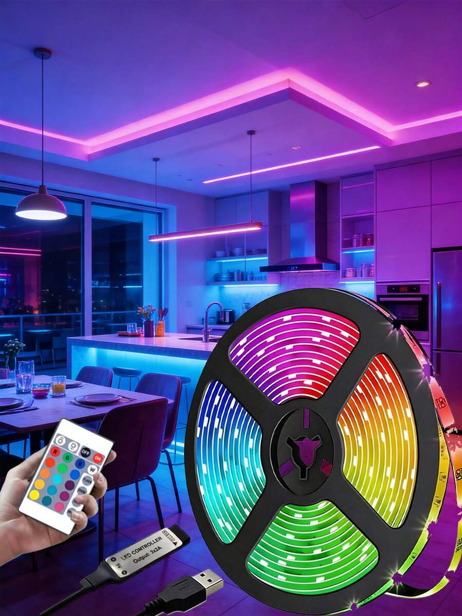 1 Roll 5V RGB Multi-Color Temperature LED Light Strip, Suitable For Bedroom, Kitchen, Living Room, Bathroom, Party, Wardrobe, Length: 1m/3.28ft, 3 Meters/9.84ft, 5m/16.4ft, 10m/32.8ft, 15m/49.21ft, Smart LED Strip Light With Remote Control, RGB Color Changing Function, Ideal For Room Decor, Party, Kitchen