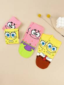 SpongeBob SquarePants 6/2 Pairs Women's Yellow & Pink Square Pattern & Printed Short Socks, Polyester Fabric, Breathable Soft Lightweight, Cute Cartoon Style, Suitable For Spring Casual Daytime And Nighttime Sleepwear - Multicolor - View 4