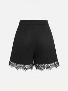 Women's Black Woven Shorts With Contrast Lace Detail And Button Closure Slight Stretch Fabric Straight Leg Short Length Summer - Black - View 2