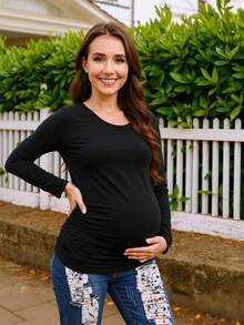 3 Pack Crew Neck Long Sleeve Maternity Tops, Stretchy Side Ruched Pregnancy Casual Tee Shirts, Soft Breathable Basic Mama Daily Loungewear For All Trimesters & Postpartum - 黑色/淺灰色/軍綠色 - 查看 4