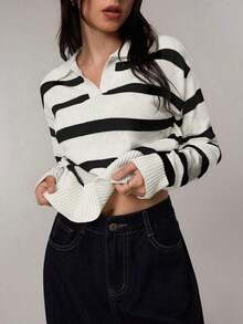 FOR BEAUTY Spring/Summer New Retro Striped Contrast Color Half-Zip Polo Collar Long Sleeve Knit Sweater, Women, Fashionable Loose Vintage Style Graduation Season Knit Top Pullover, New Year Women Clothing Casual - 和黑色 - 查看 7