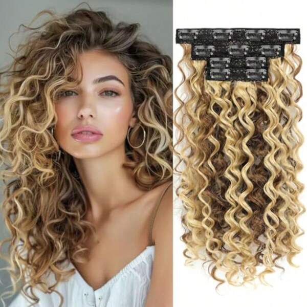 DCurly Clip In Hair Extensions4PCS 16 Inch Brown With Blonde Extension Clip Ins Lace Weft 100% Er Protein Gogo Curl Invisible Natural Hairpieces For Women