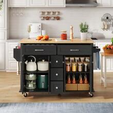 Carrito de cocina multifuncional con encimera plegable, extensible hasta 120*65 cm, con 5 cajones, armarios, especiero y toallero, con ruedas – isla de cocina para cocina, comedor y salón. - Negro - Ver 4