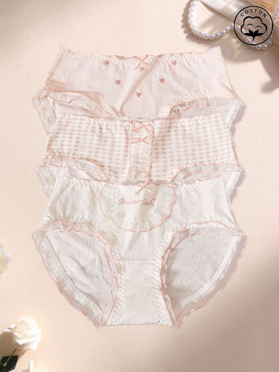 Bộ 3 quần lót nữ bằng cotton mềm mại, cạp trung, in hình trái tim, có nơ và ren phối hợp, thích hợp mặc hàng ngày. - Nhiều màu - Xem 1