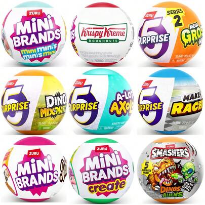  来自 ZURU：迷你品牌系列包括“冰箱迷你装”、“Krispy Kreme 甜甜圈”、“恐龙混搭惊喜”、“超多墨西哥钝口螈”、“Q版赛车”、“指尖收藏复古系列”和“花园系列”。这些收藏盲盒内含各种配件，并配有专为 3 岁及以上女孩设计的逼真迷你玩具（款式随机）。