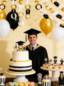 2/1set Graduation Party Paper Chain DIY Kit, Gold White Black Handmade Decoration Materials; Graduation DIY Paper Chain Hanging Decor, Graduation Ceremony Streamer Decor, Graduation Party Photo Backdrop, Graduation Ceremony Atmosphere Decor, Graduation DIY Activity Supplies, Graduation Surprise Party Decorations, Birthday Party Paper Chain Decor, Theme Party Atmosphere Supplies - View 4