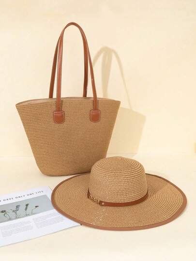 Túi tote bằng rơm dành cho nữ và mũ rơm vành rộng, mũ rơm chống nắng mới và túi đeo vai bằng rơm, túi xách đi biển, thích hợp cho du lịch và nghỉ dưỡng ngoài trời mùa hè.