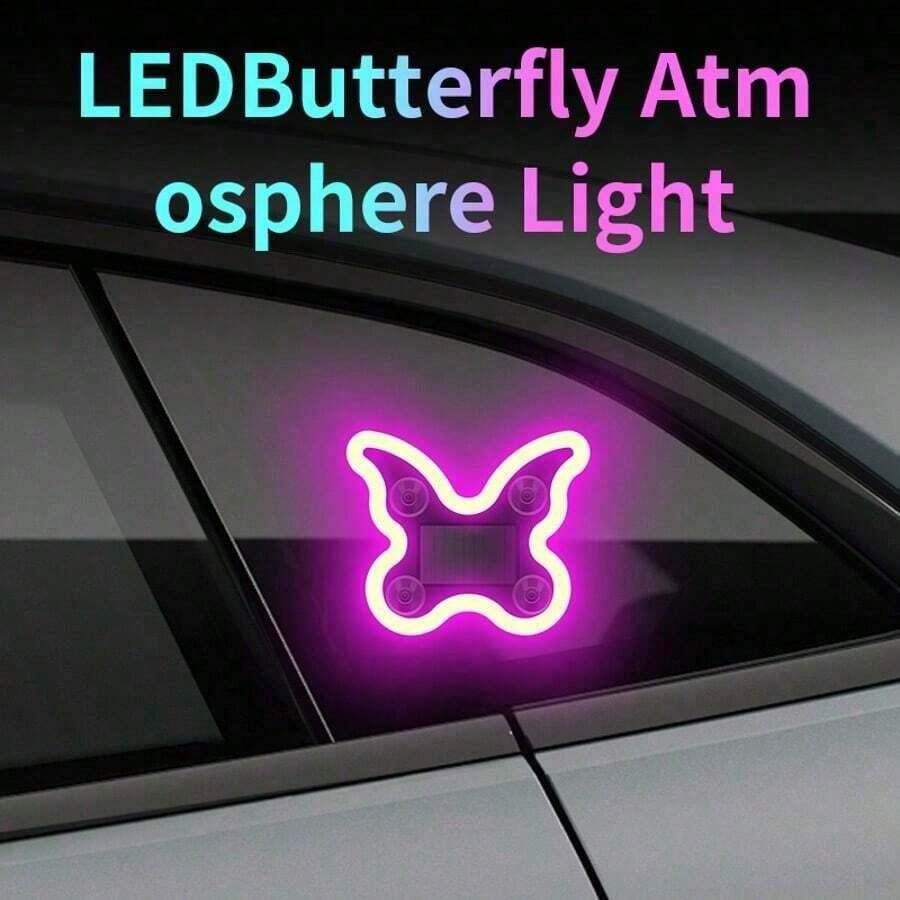 1pc Butterfly Solar Powered Car LED Light, Wireless Neon Window Decoration Light, 3.7V 300mAh Rechargeable Battery, 5 Lighting Modes With Light Sensor, Suction Cup Installation Rear Window Atmosphere Light, Suitable For SUV, Sedan, Truck Interior Decoration - Multicolor - View 1