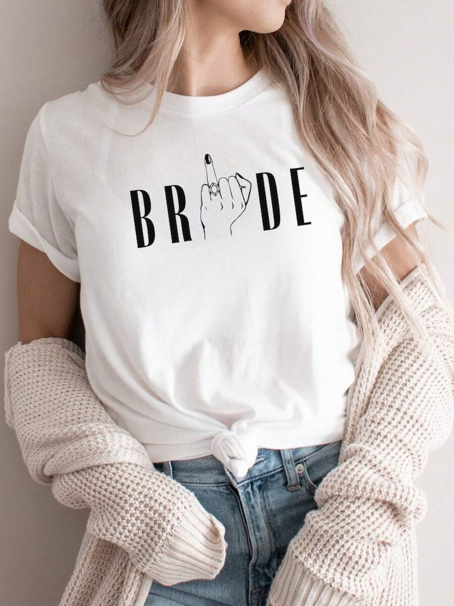 Woman's Unique JGA Shirts Bride & Tribe, Wedding Gift For Brides,  Tshirt, Finger Ring Bride T Shirt, Minimalist Bride Team Shirts, Unisex Printed T-Shirt, Elegant And Cute, Comfortable, Suitable For Gifting And Everyday Wear - White - View 1