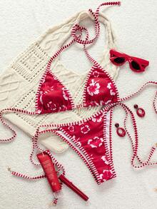 Top de Bikini Triangular Floral - Cuello Halter, Amarre Trasero Ajustable, Ribete a Cuadros en Contraste, Copas Acolchadas, Relleno Removible Vacaciones Verano - Rojo - Ver 3
