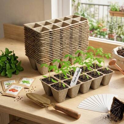 15pcs/Set Or 30pcs/Set Pulp Nursery Cups With PVC Plant Labels, One-Time Use Paper Pulp Seedling Tray Square Planting Cups For Vegetable, Herb And Succulent Plant Germination, Suitable For Home Nursery And Nursery Bases
