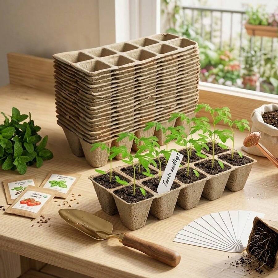 15pcs/Set Or 30pcs/Set Pulp Nursery Cups With Plant Labels, One-Time Use Paper Pulp Seedling Tray Square Planting Cups For Vegetable, Herb And Succulent Germination, Suitable For Home Nursery And Nursery Bases