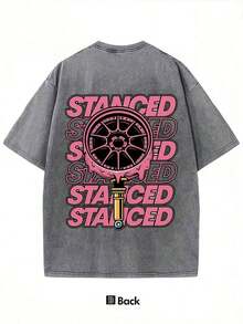 Handmade With Love Handmade With Love Vintage Style Dark Gray Stanced T Shirt Casual Streetwear Distressed Look Short Sleeve Relaxed Fit With Pink Logo And Car Wheel Graphic Camiseta Elegant  Mujer Motif Women Clothes Camiseta Elegant  Mujer Motif Women Clothes - 灰色 - 查看 2