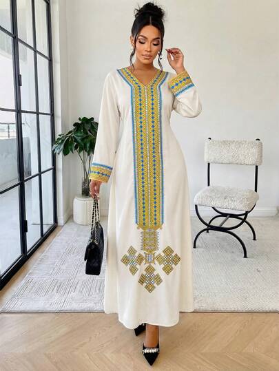 AIJ Women's V-Neck Long Sleeve Embroidered Knot Decor Knit Dress Spring