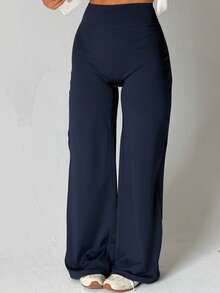 女士极简高腰阔腿裤，适合运动和跑步，舒适休闲运动紧身裤，弹力喇叭裤，通勤和瑜伽皆宜，针织面料，弹性舒适，适合日常穿着和运动。 - 水鴨藍 - 查看 7