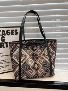 1个黑色尼龙顺滑拉链几何图案时尚百搭休闲简约春夏新款小众度假季大容量单肩手提包，适合女性日常使用 - 黑色 - 查看 8