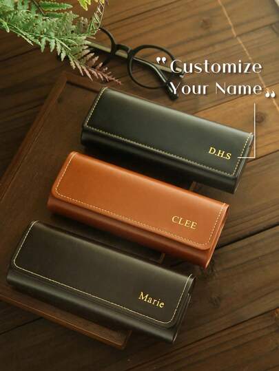 Personalized Name/Text Eyeglass Case, Cursive Font, Can Add Your Name, Soft Brown Texture, DIY Label, Luxury Portable Eyewear Case, Eyewear Storage Box With Excellent Storage And Protection, Also Features A Lightweight And Portable Design, Suitable For Daily Carry, Holiday And Birthday Gifts, Great For Family And Friends