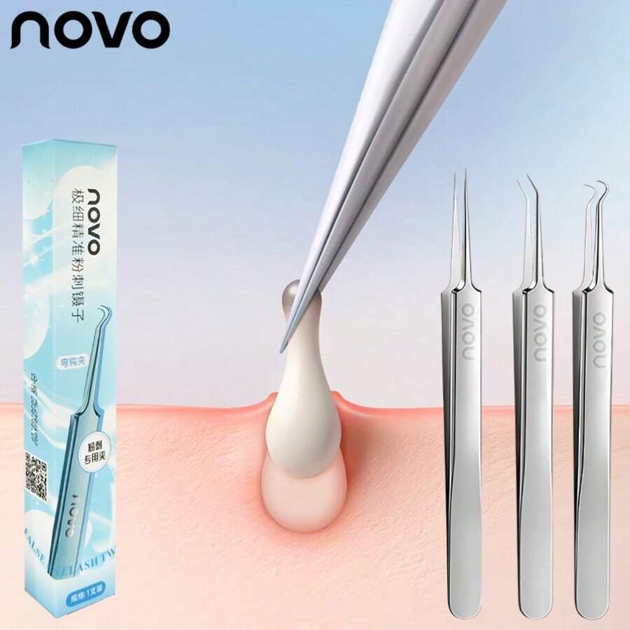 NOVO 1支专业级不锈钢黑头去除针,超细针尖,防滑手柄,适用于眉毛、内生毛发、粉刺、面部及异物去除,耐用金属结构黑头镊子 - 彩色 - 查看 1