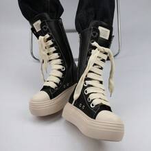 Street Fashionable Platform Long Boots For Woman And Man Lace-Up With Side Zipper Unisex Mid-Calf Boots Thick Sole Black Booties - Black - View 5