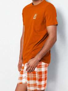 2pcs/Set Summer Lightweight Round Neck Pullover Top & Plaid Print Shorts, Casual Chic Loungewear Set - Orange - View 5