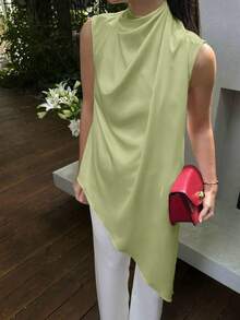 Áo kiểu nữ thanh lịch, sang trọng, màu trơn, cổ cao, không tay, vạt bất đối xứng, chất liệu satin trắng, thích hợp cho mùa xuân/hè. - màu xanh lá - Xem 8