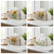 1 pieza Caja de pañuelos de tela con girasol retro, soporte de pañuelos con flor amarilla para coche, sala de estar, escritorio, hogar, restaurante, caja de pañuelos creativa - Multicolor - Ver 1