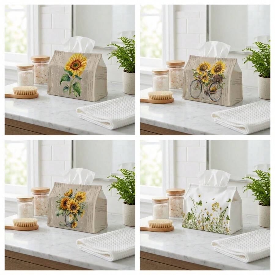 1 pieza Caja de pañuelos de tela con girasol retro, soporte de pañuelos con flor amarilla para coche, sala de estar, escritorio, hogar, restaurante, caja de pañuelos creativa - Multicolor - Ver 1