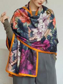 1条韩版女士优雅亮色缎面印花长围巾，时尚轻盈顺滑，防晒百搭，适合日常、海滩、度假、配饰、旅行必备 - 紫色 - 查看 4