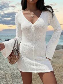 女士欧美夏季白色V领半透明雪纺沙滩度假长袖针织罩衫连衣裙，白色 - 白色 - 查看 3