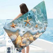 1条超细纤维沙滩巾，贝壳和海星图案，速干，结实耐用，适合沙滩和泳池使用。 - 彩色 - 查看 8