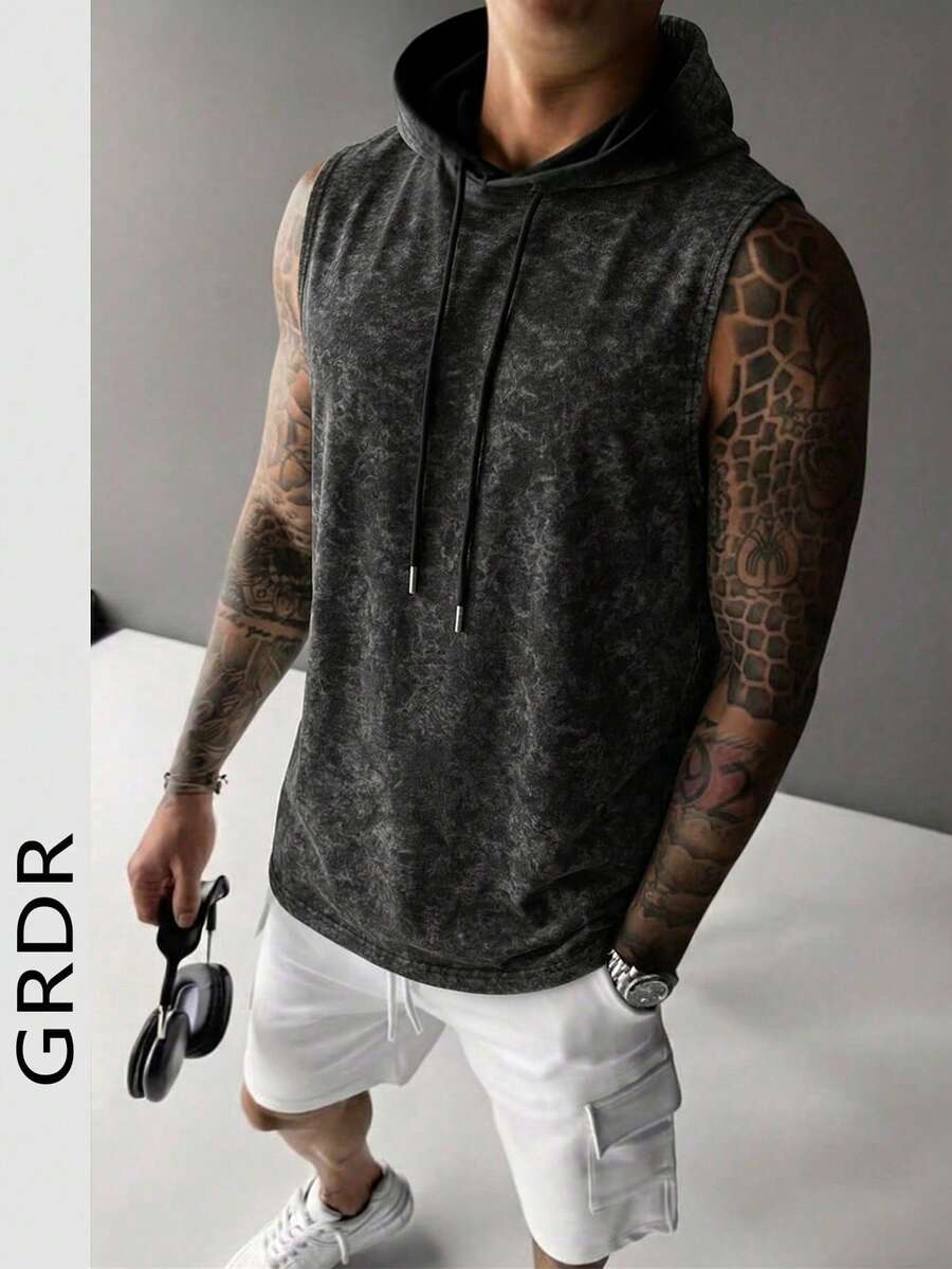 Áo tank top nam GRDR mùa hè có mũ, màu trơn, kiểu dáng thể thao thường ngày, thời trang và tối giản cho trang phục thể thao mùa hè. - màu đen - Xem 1