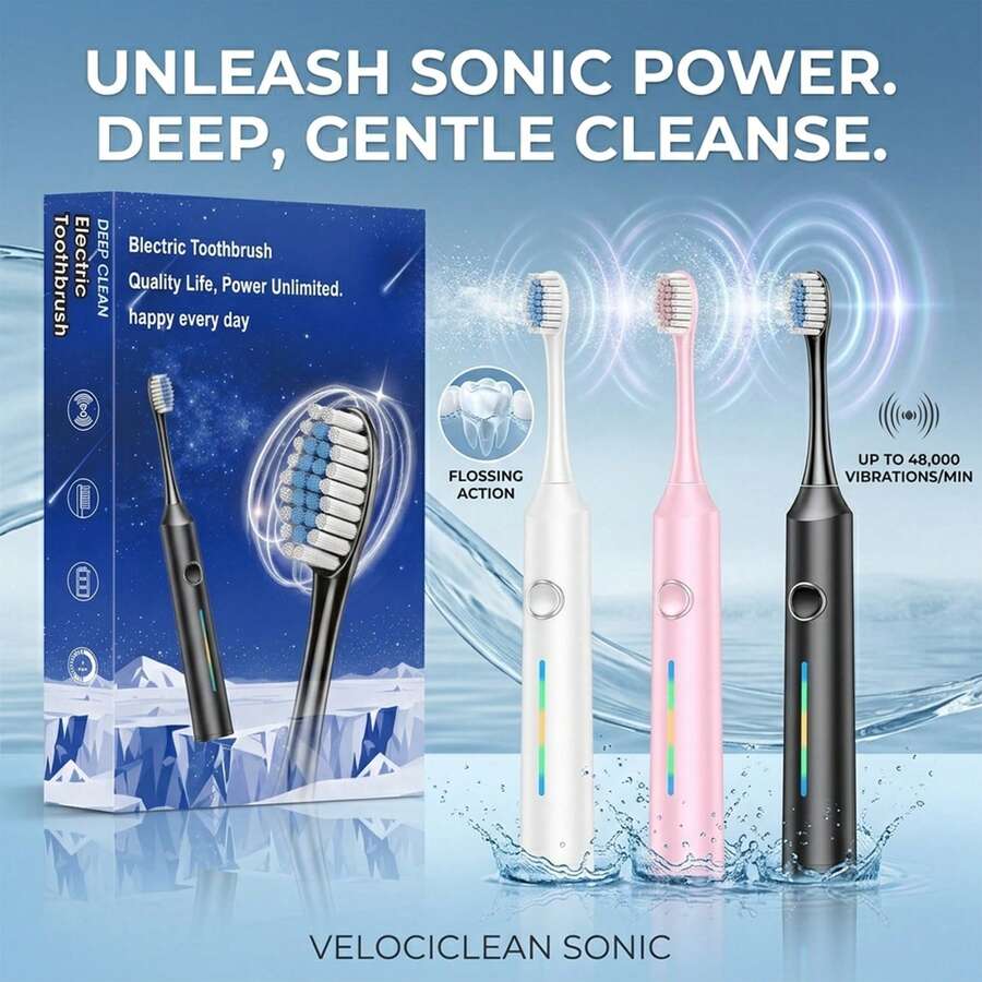 电动牙刷，配备4个刷头，5种清洁模式，适用于日常口腔护理，USB充电，适合居家或旅行使用，电池容量500mAh - 彩色 - 查看 1