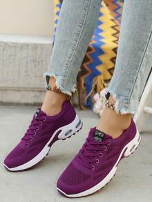 Zapatos deportivos de moda para mujer, zapatos para caminar de malla transpirable para mujer, zapatos para correr con colchón de aire para mujer, diseño con cordones, modernos y versátiles, antideslizantes y resistentes al desgaste. - Morado - Ver 2