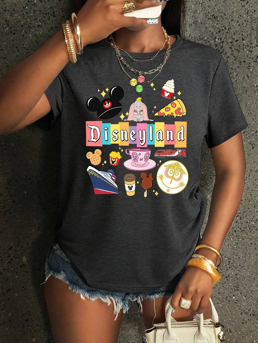 Plus Size Casual Disneyland Graphic Round Neck Short Sleeve T-Shirt With Slight Stretch Fabric For Parties And Everyday Wear - Xám - Xem 1