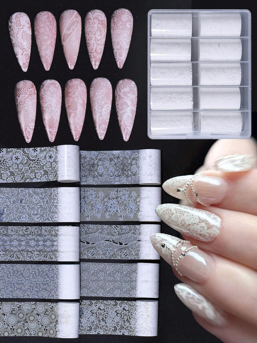 10 rollos de calcomanías de uñas con estampado de encaje blanco de 100x4cm, decoraciones de uñas elegantes de cobertura completa de encaje, decoraciones de arte de uñas románticas de boda y cielo estrellado, suministros de salón de uñas DIY para mujeres y niñas - Blanco - Ver 1