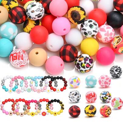 28pcs Daisy Flower Silicone Bead Set, Zebra/Cow Print/Sunflower/Red Flower/Black & Red Plaid/Skull/Blue & Pink Print Round Beads With Colorful Daisies, Suitable For Home Decor, Beaded Curtain, DIY Jewelry Making, Bracelets, Necklaces, Pens, Phone Charms, Bag Accessories, Crafts