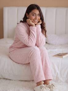 Women's Long Fleece Pajamas, Furry Teddy Style, Warm Winter Pajamas, Grid Rose - 乾枯玫瑰色 - 查看 1