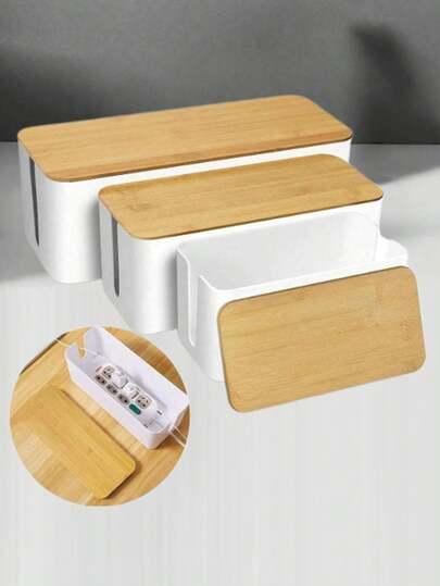 1pc Bamboo & Wood Material Cable Organizer Box, Data Cable Storage Box, Power Cord Management Box, Sorting Box, Outlet & Computer Cord Holder, Plug Box