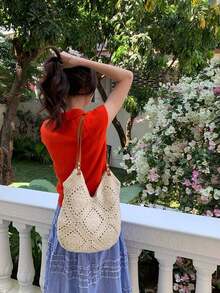 2024 New Arrival Women's Bag, Woven Beach Bag, Versatile Shoulder Bag For Beach Vacation Or Commuting School Tote Bag, School Bookbag, Portable, Foldable, Business Casual, Suitable For Teen Girls Women, Vacation Essentials, Perfect For Summer, Vacation & Beach, Newest Holiday Bag, Hottest Beach Bags ,Vacation Essentials - Quả mơ 2 - Xem 4