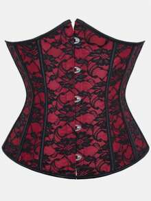 Court Retro Bohemian Red & Black Lace Waist Cincher Corset, Front Buckle Back Lace-Up Shaping Top, Sexy Hot Girl Outfit For Halloween Party - Burgundy - View 2