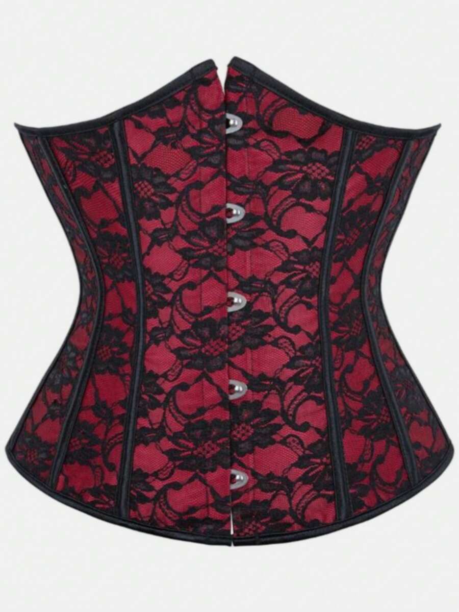 Court Retro Bohemian Red & Black Lace Waist Cincher Corset, Front Buckle Back Lace-Up Shaping Top, Sexy Hot Girl Outfit For Halloween Party