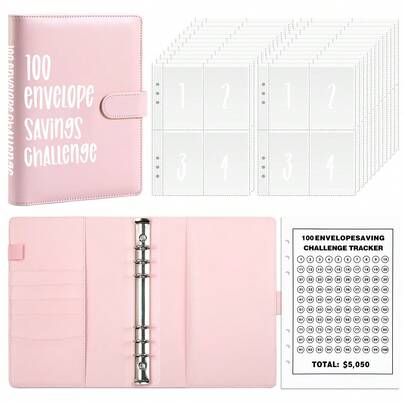 Raccoglitore per la Sfida delle 100 Buste, Libro dei Risparmi in Pelle PU A5 con 100 Buste Numerate per Contanti e Foglio di Monitoraggio, Modo Semplice per Risparmiare $5,050, Organizer Pianificatore di Budget per il Risparmio di Denaro