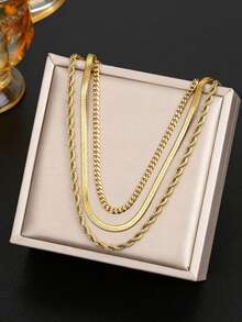 三件套镀金叠戴项链套装，包括不锈钢鱼骨链、绳链和蛇形链颈链，精致简约的女士珠宝礼物。 - 金色 - 查看 6