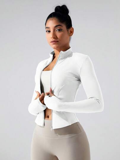 Zkyiitae Women's Long Sleeve Sports Jacket With Zipper And Thumb Holes, Training Top, Fitness Jacket, Zip-Up Outerwear, Outdoor Sports White