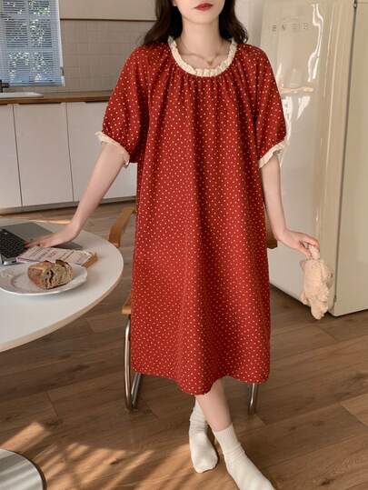 Women's Nightgown Loungewear Dress, Round Neck Floral Trim Sleepwear, Polka Dot Print Cute Cartoon Casual Nightdress, Suitable For Spring And Summer Home Leisure