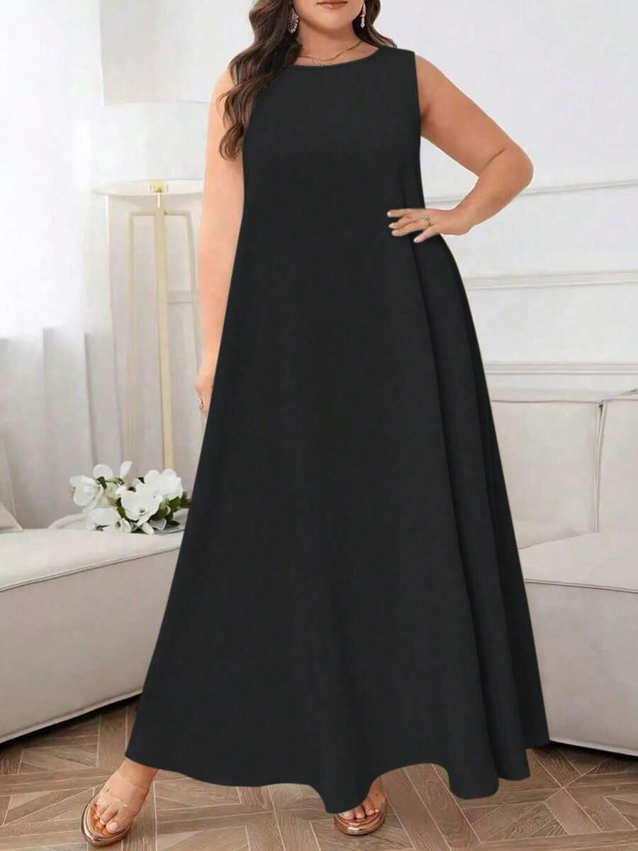 Plus Size Women Solid Color Round Neck Sleeveless Casual Loose Dress Elegant Summer